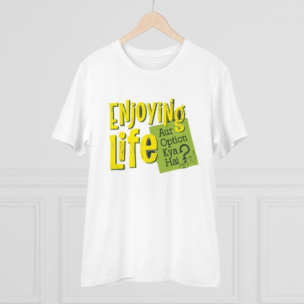 Men's PC Cotton Enjoying Life Printed T Shirt (Color: White, Thread Count: 180GSM) - GillKart