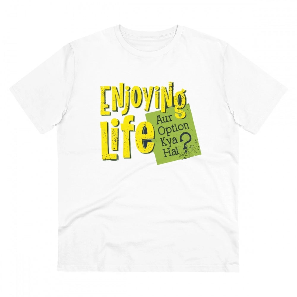 Men's PC Cotton Enjoying Life Printed T Shirt (Color: White, Thread Count: 180GSM) - GillKart