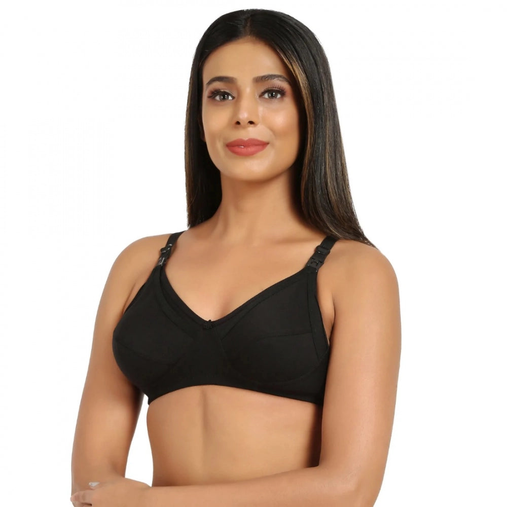 Women's Cotton Blend Mother Care Full Coverage Feeding Bra Non Padded (Black) - GillKart