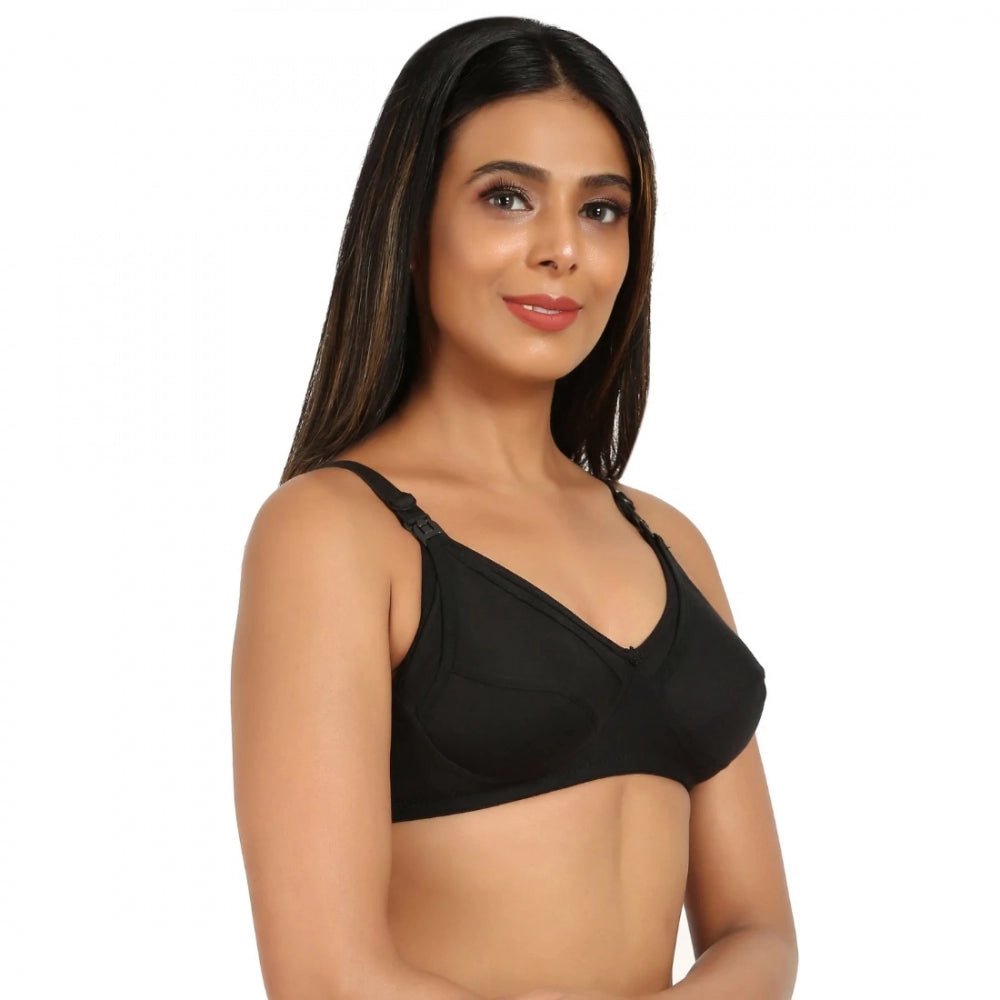 Women's Cotton Blend Mother Care Full Coverage Feeding Bra Non Padded (Black) - GillKart