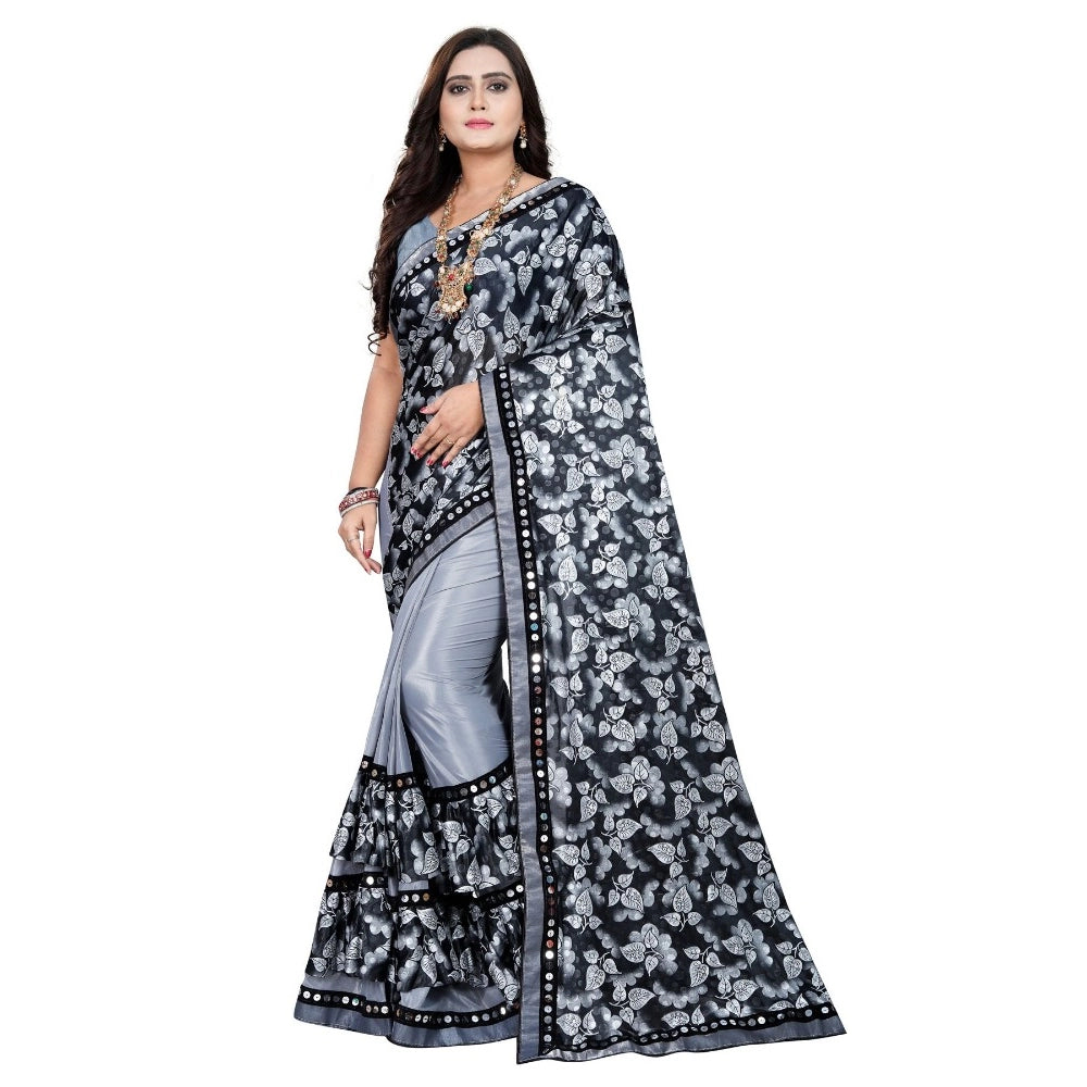 Women's Lycra Blend Saree with Blouse (Grey, 5-6 Mtrs) - GillKart