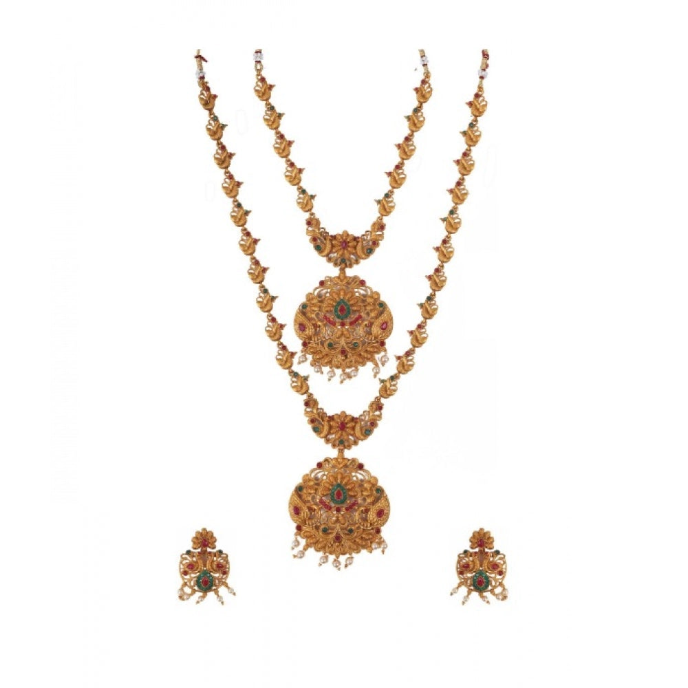 Women's Elegent And Modern Double Line Temple Jewellery Set (Red And Green, Free Size) - GillKart