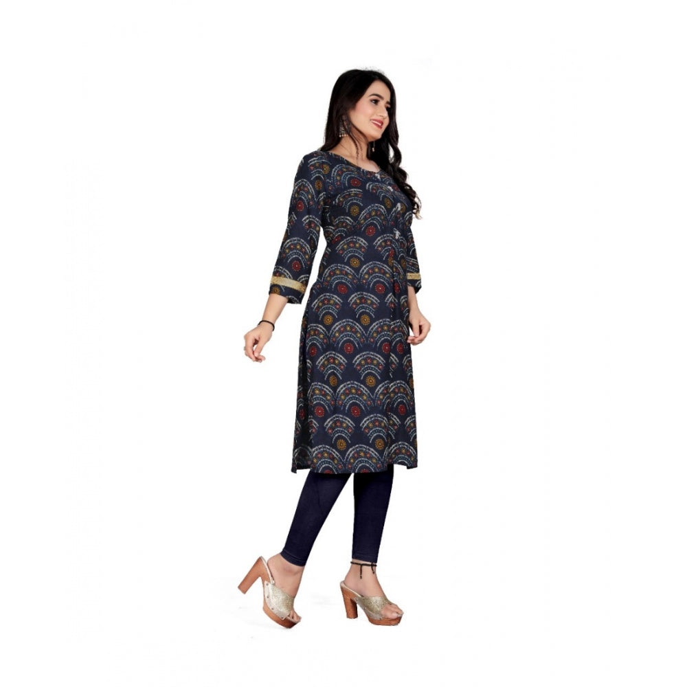 Women's Rayon Foil Printed Straight Kurti (Navy Blue) - GillKart