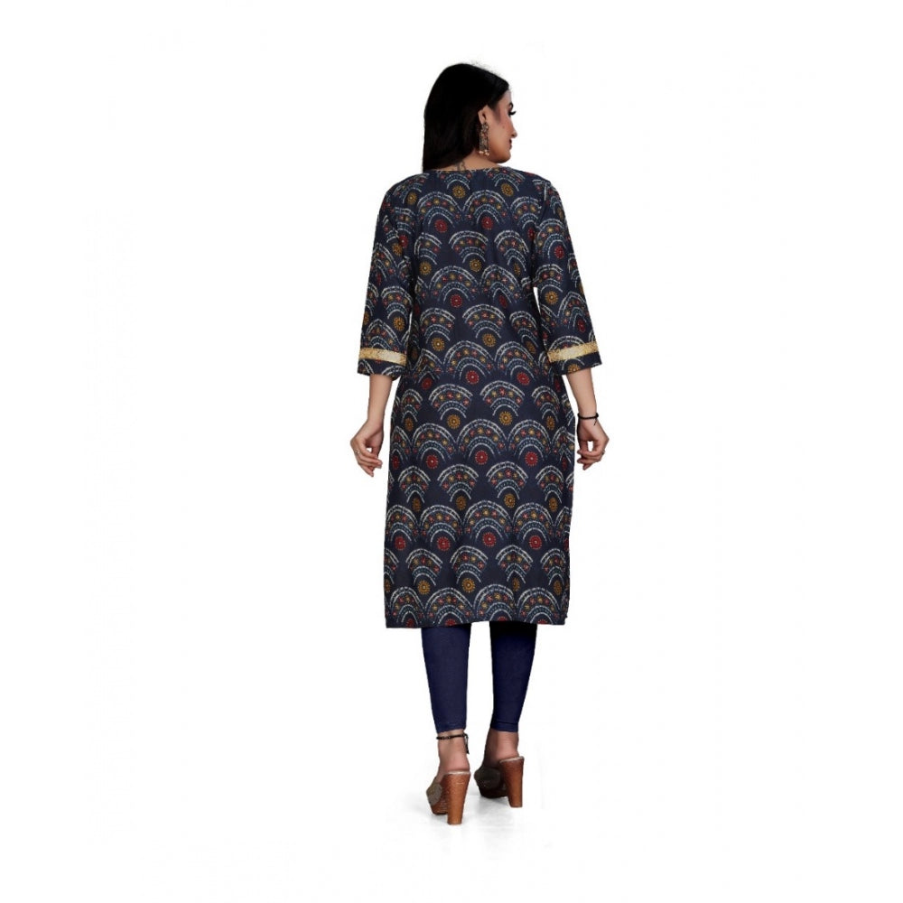 Women's Rayon Foil Printed Straight Kurti (Navy Blue) - GillKart