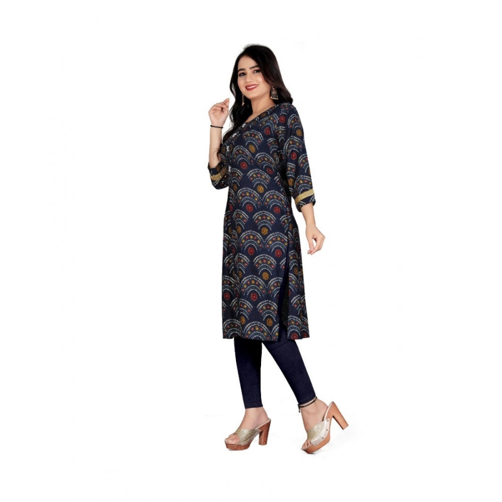 Women's Rayon Foil Printed Straight Kurti (Navy Blue) - GillKart