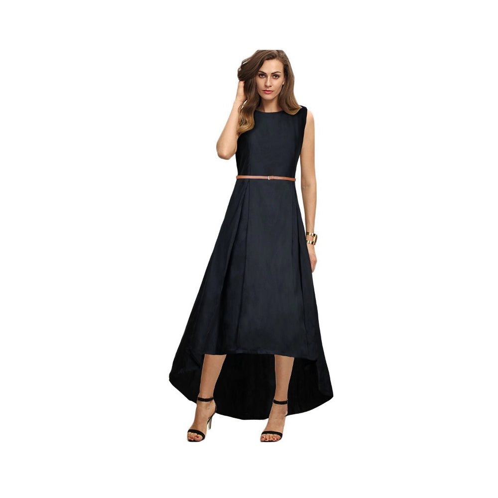 Women's Taffeta Silk Western Wear Flare Long Gown (Black) - GillKart