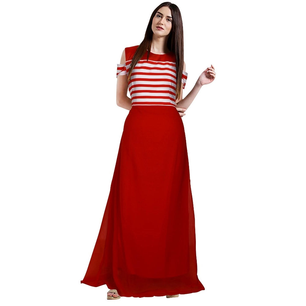 Women's Japan Satin and Georgette Western Wear Flare Long Gown (Red) - GillKart