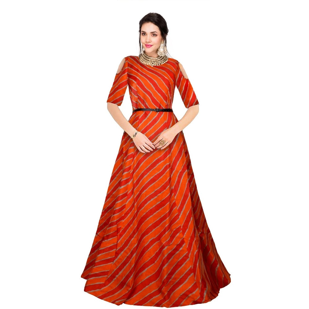 Women's Banglory Satin Silk Western Wear Flare Long Gown (Orange) - GillKart