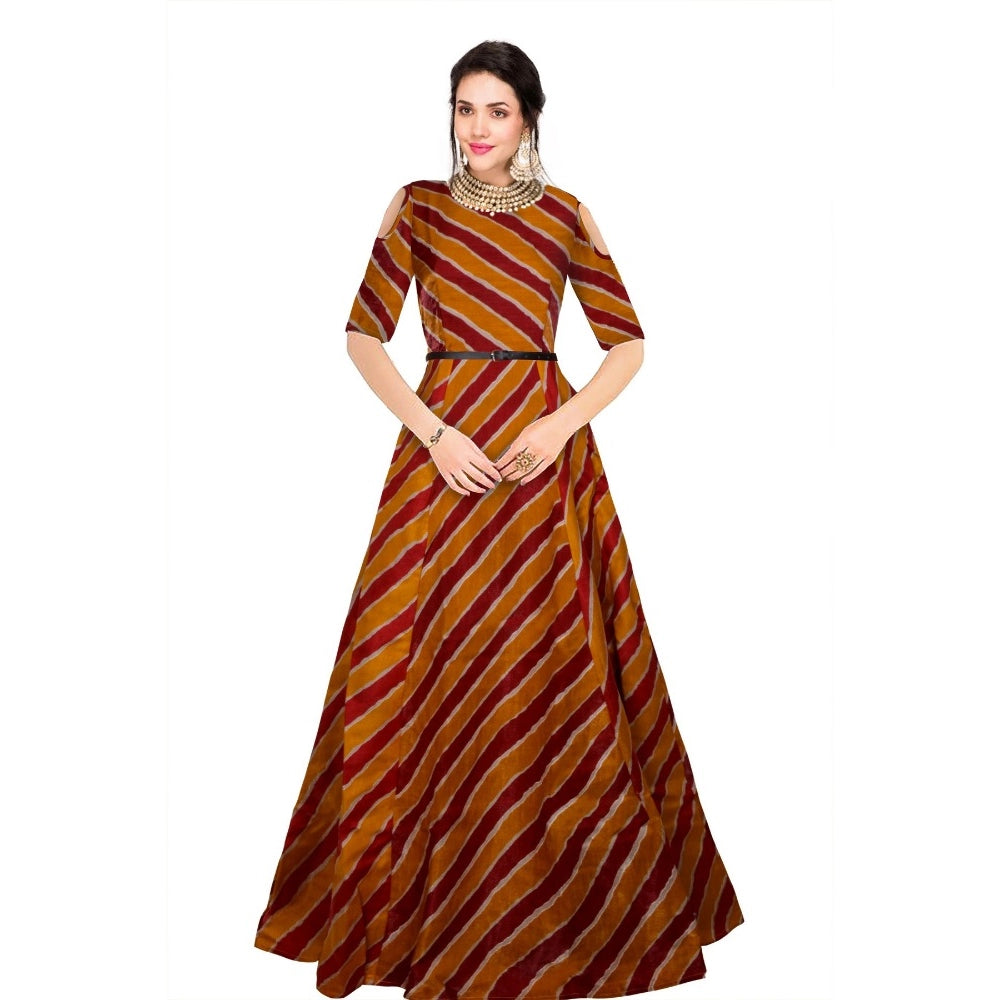 Women's Banglory Satin Silk Western Wear Flare Long Gown (Maroon) - GillKart