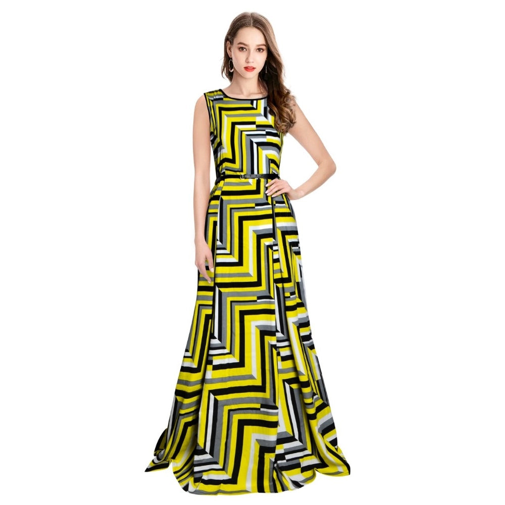 Women's American Crepe Western Wear Flare Long Gown (Yellow) - GillKart