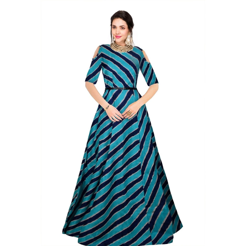 Women's Banglory Satin Silk Western Wear Flare Long Gown (Blue) - GillKart