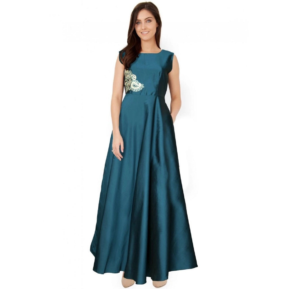 Women's Taffeta Silk Western Wear Flare Long Gown (Sea Green) - GillKart