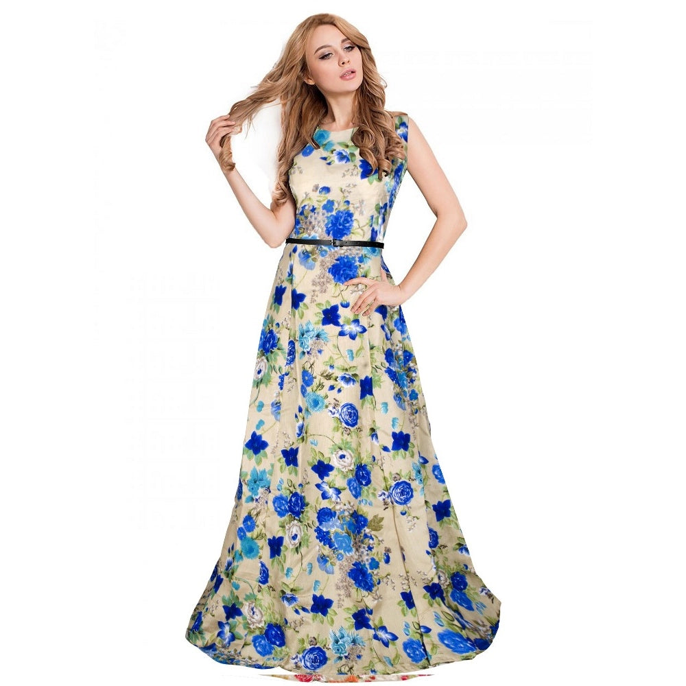 Women's Banglory Satin Silk Western Wear Flare Long Gown (Blue) - GillKart