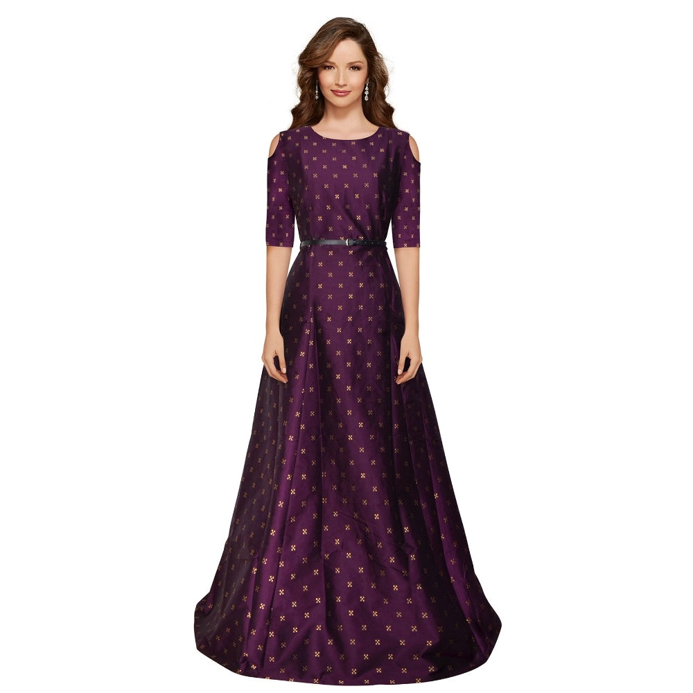 Women's Jquared with Taffeta Silk Western Wear Flare Long Gown (Wine) - GillKart