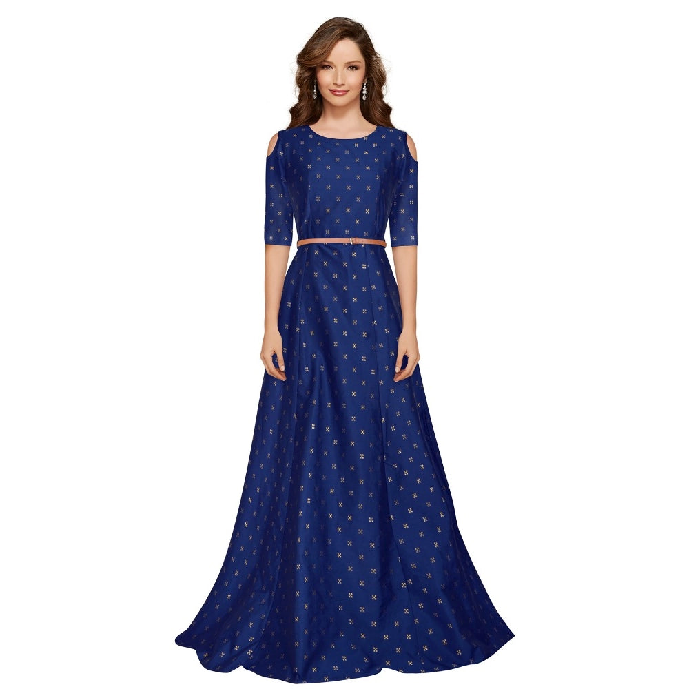 Women's Jquared with Taffeta Silk Western Wear Flare Long Gown (Blue) - GillKart