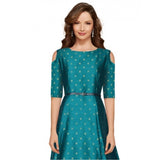 Women's Jquared with Taffeta Silk Western Wear Flare Long Gown (Sea Green) - GillKart