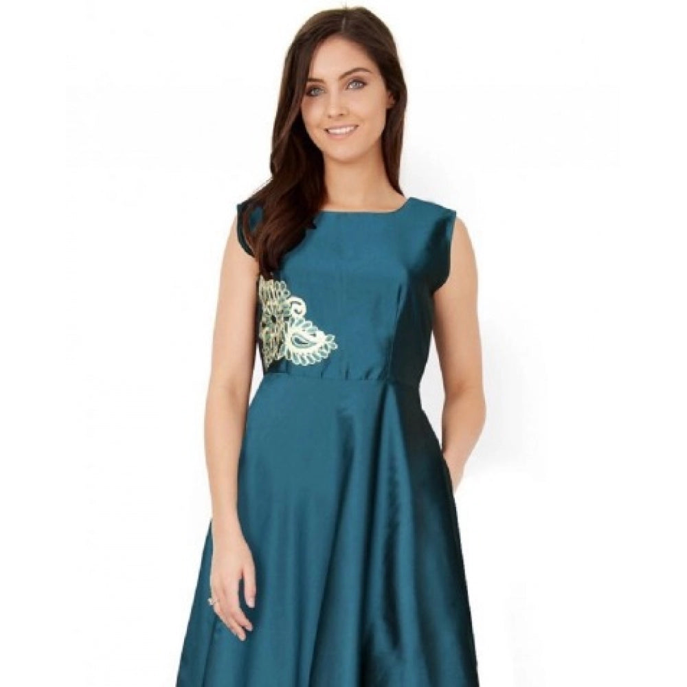 Women's Taffeta Silk Western Wear Flare Long Gown (Sea Green) - GillKart