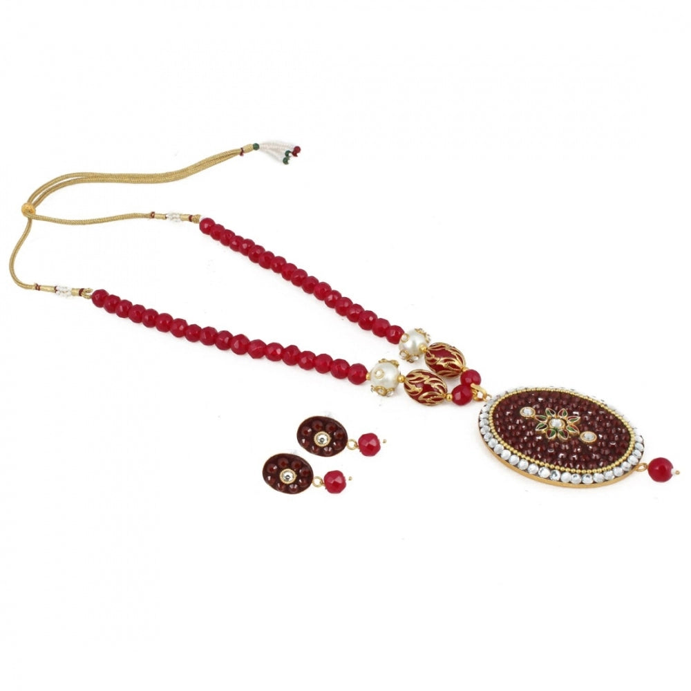 Women's Stylish Maroon Golde Plated Traditional Kundan Necklace Set with Earrings (Color: Red) - GillKart