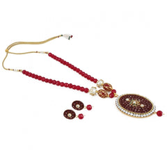 Women's Stylish Maroon Golde Plated Traditional Kundan Necklace Set with Earrings (Color: Red) - GillKart