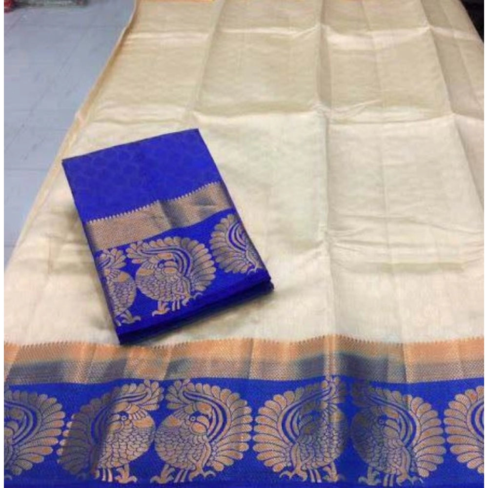Women's Kanjivaram Silk Saree With Unstitched Blouse Piece (White, 5-6 Mtrs) - GillKart
