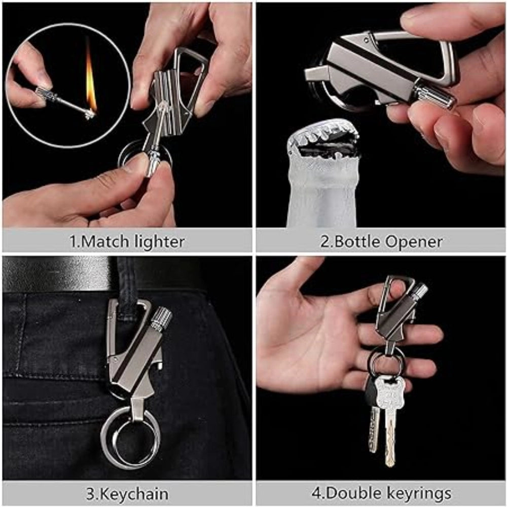 3 In 1 Keychain Lighter Waterproof Cigarette Flint Lighter Keyring Bottle Opener Fire Starter Match Sticks (Silver) - GillKart