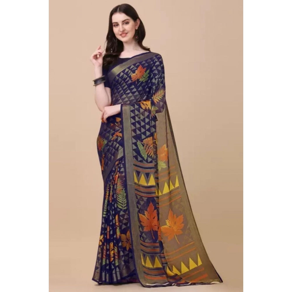 Women's Viscose Rayon Printed Saree With Unstitched Blouse (Navy Blue) - GillKart