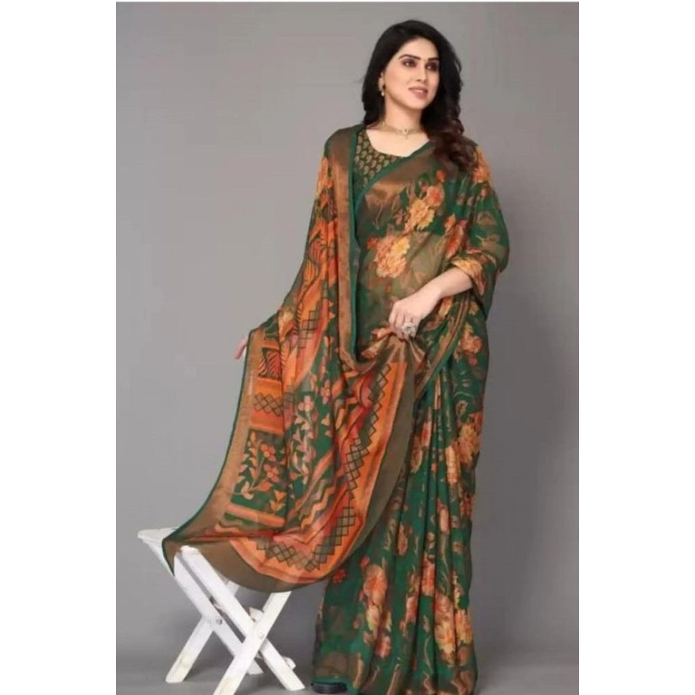 Women's Viscose Rayon Printed Saree With Unstitched Blouse (Green) - GillKart