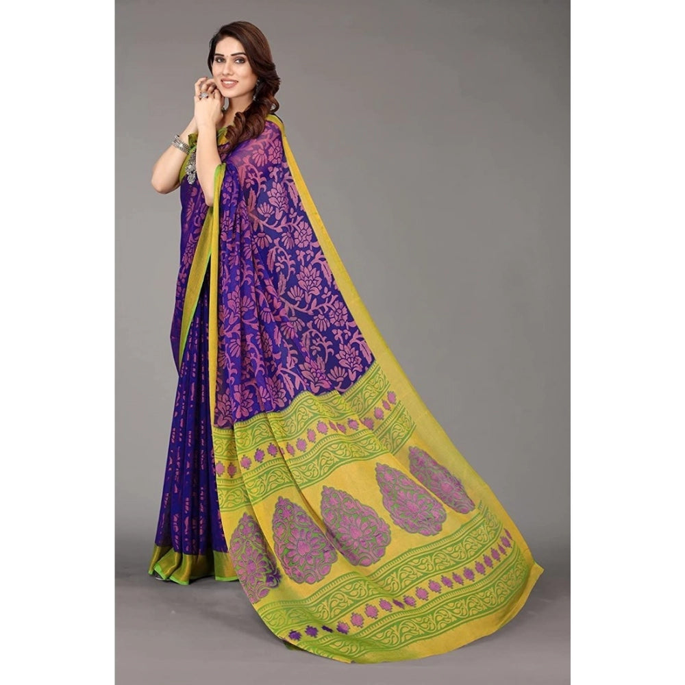 Women's Viscose Rayon Printed Saree With Unstitched Blouse (Blue) - GillKart