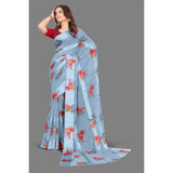 Women's Satin Patta Printed Saree With Unstitched Blouse (Grey) - GillKart