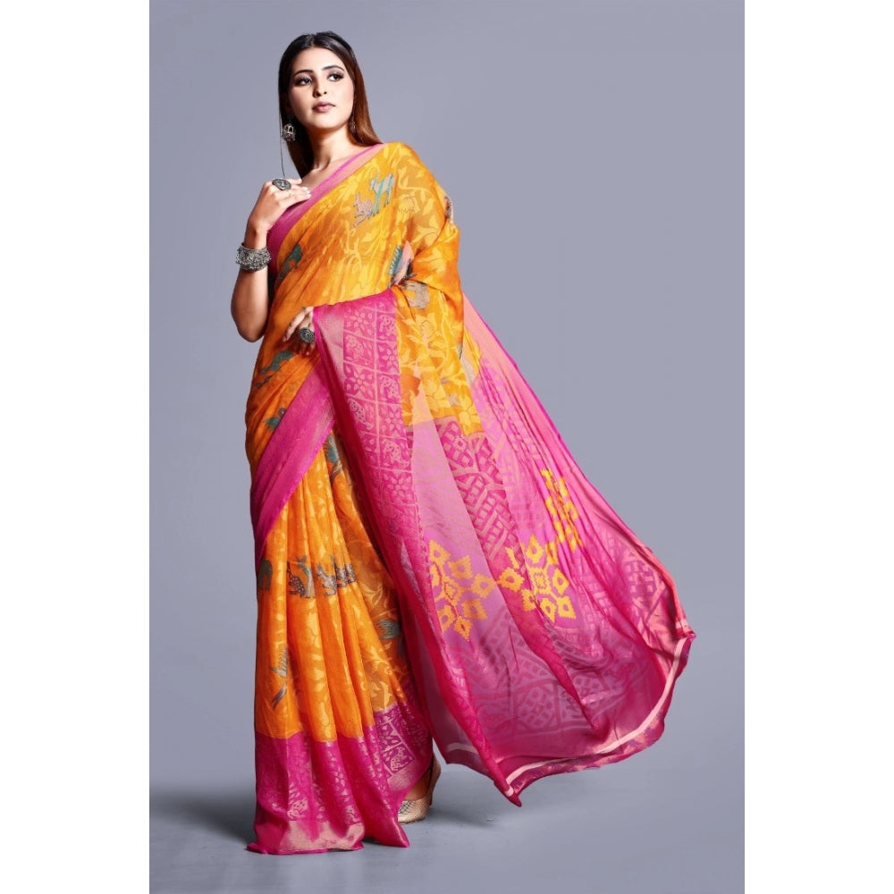 Women's Viscose Rayon Printed Saree With Unstitched Blouse (Yellow) - GillKart