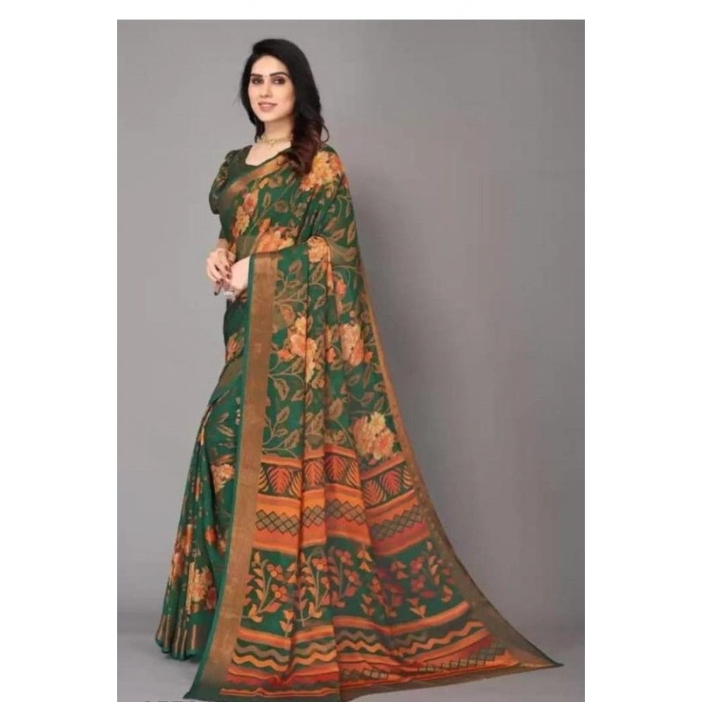 Women's Viscose Rayon Printed Saree With Unstitched Blouse (Green) - GillKart