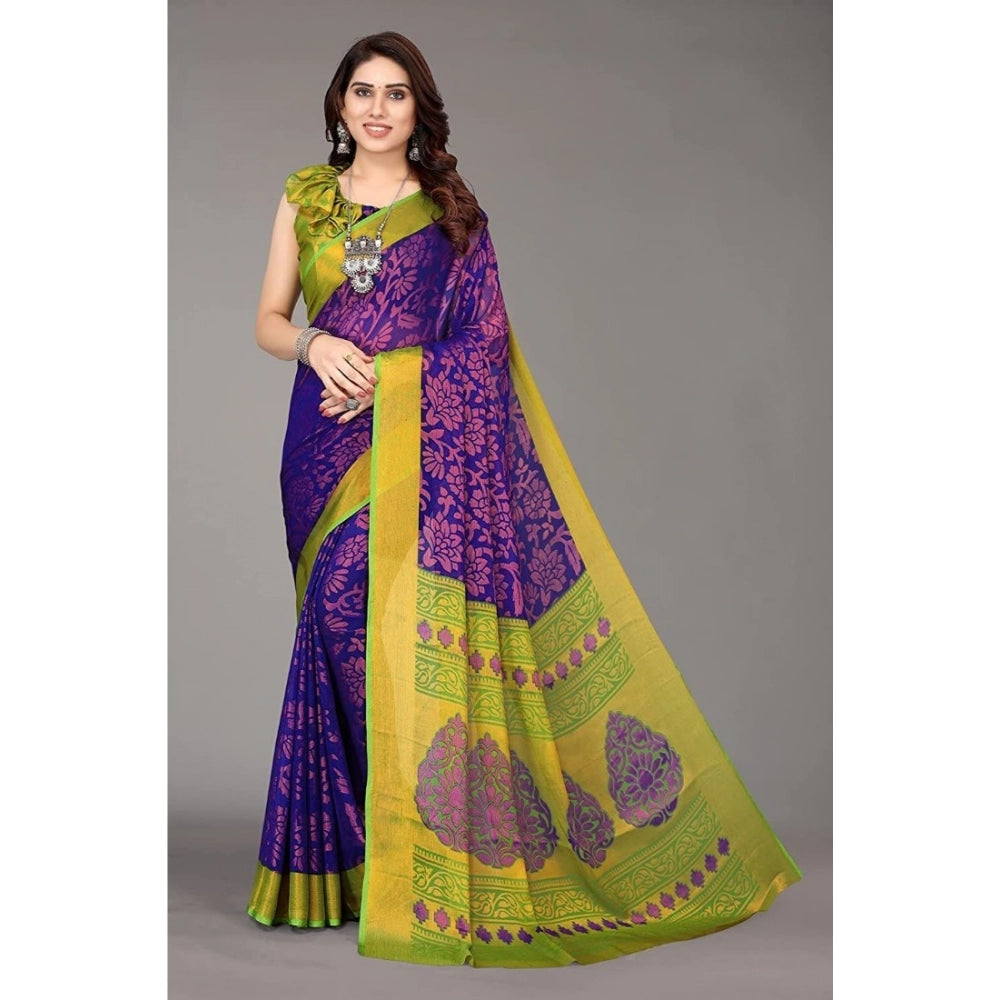 Women's Viscose Rayon Printed Saree With Unstitched Blouse (Blue) - GillKart