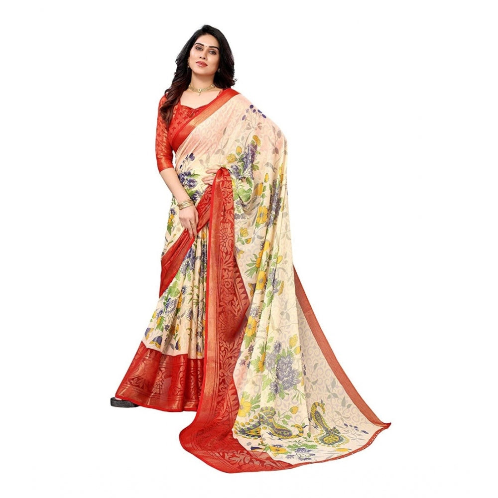 Women's Viscose Rayon Printed Saree With Unstitched Blouse (Red) - GillKart