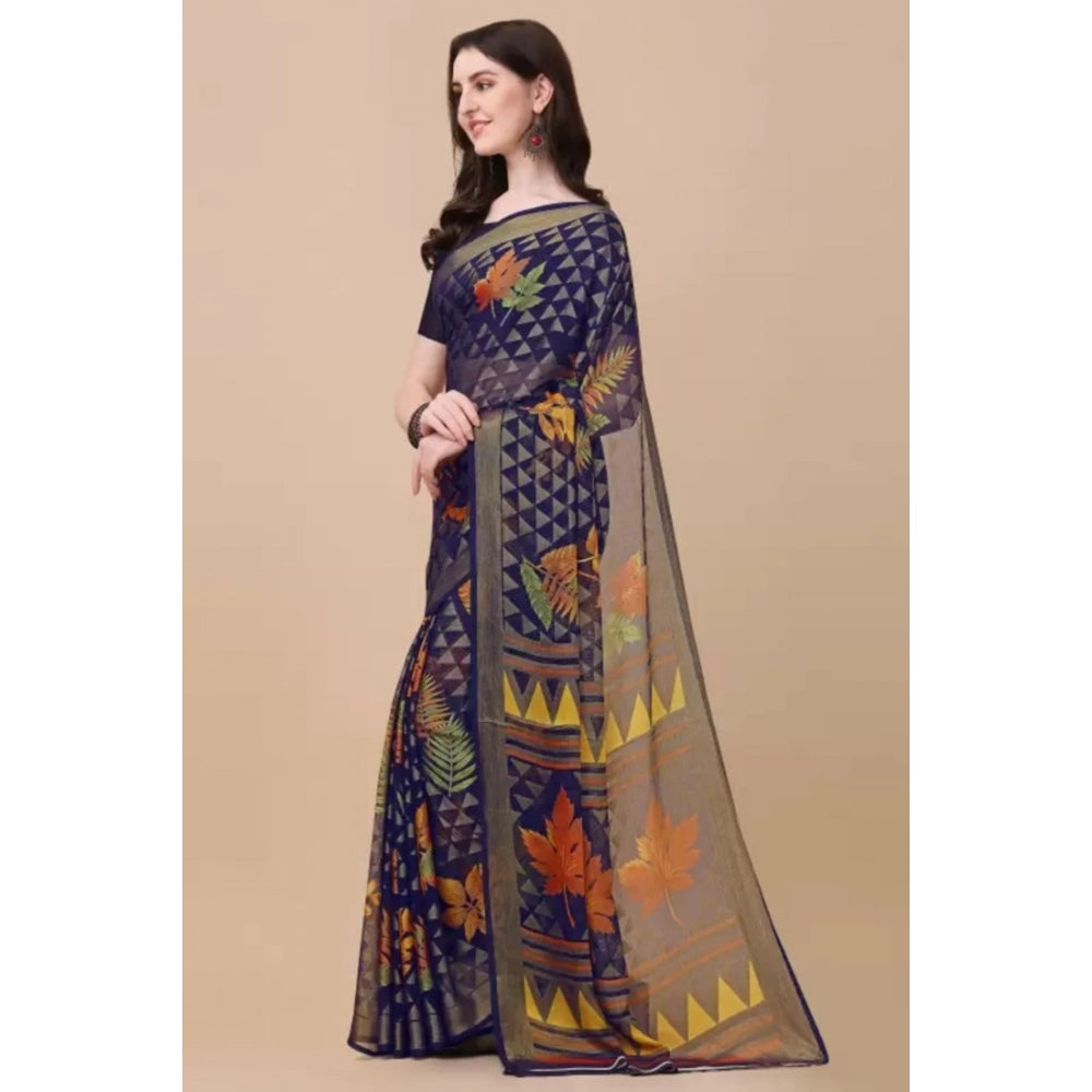 Women's Viscose Rayon Printed Saree With Unstitched Blouse (Navy Blue) - GillKart