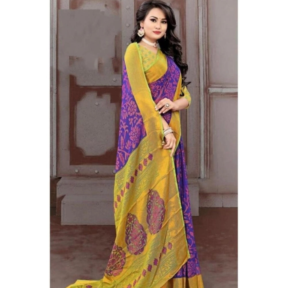 Women's Viscose Rayon Printed Saree With Unstitched Blouse (Blue) - GillKart