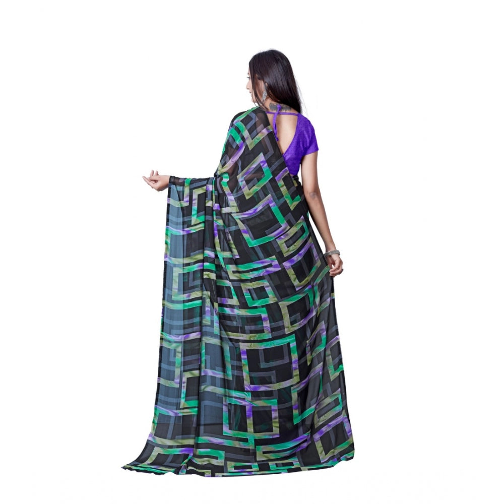 Women's Georgette Printed Saree With Unstitched Blouse (Green) - GillKart