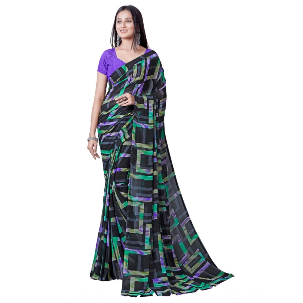 Women's Georgette Printed Saree With Unstitched Blouse (Green) - GillKart