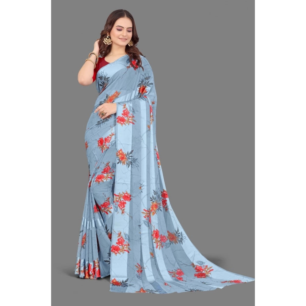 Women's Satin Patta Printed Saree With Unstitched Blouse (Grey) - GillKart