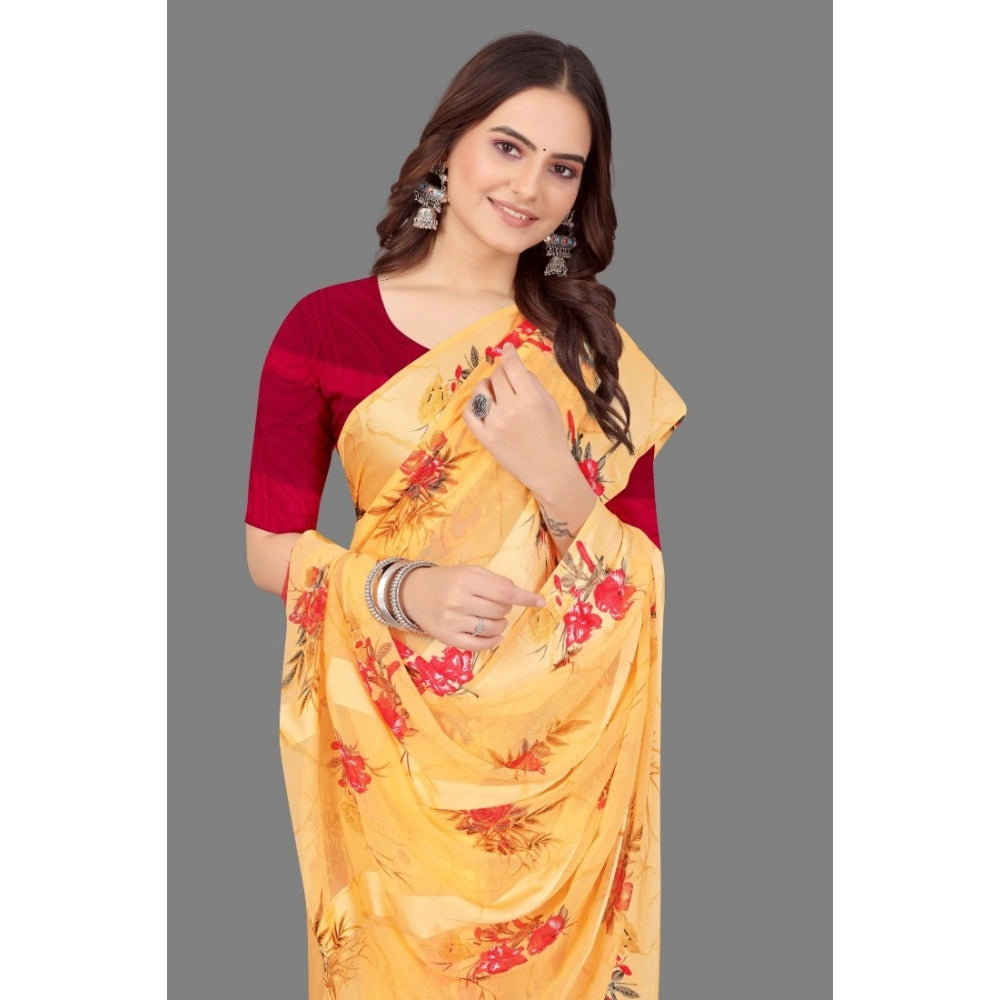 Women's Satin Patta Printed Saree With Unstitched Blouse (Beige) - GillKart