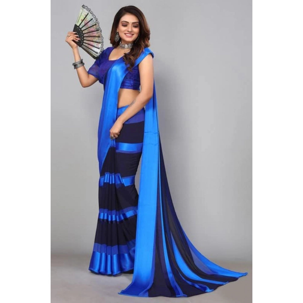 Women's Satin Patta Printed Saree With Unstitched Blouse (Skyblue) - GillKart