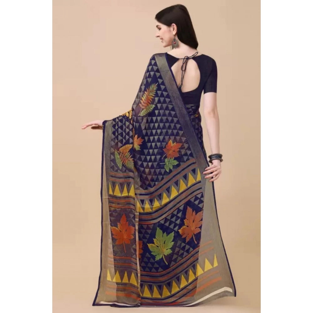 Women's Viscose Rayon Printed Saree With Unstitched Blouse (Navy Blue) - GillKart