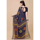 Women's Viscose Rayon Printed Saree With Unstitched Blouse (Navy Blue) - GillKart