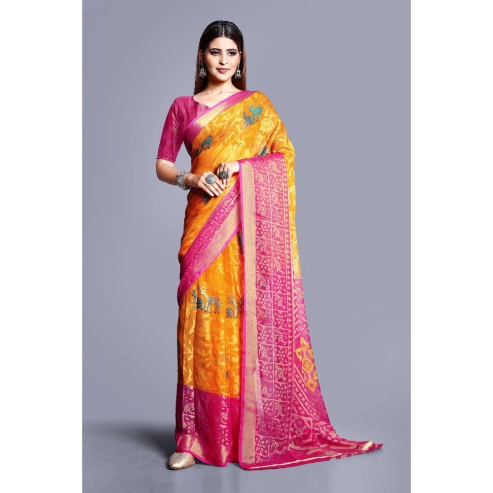 Women's Viscose Rayon Printed Saree With Unstitched Blouse (Yellow) - GillKart