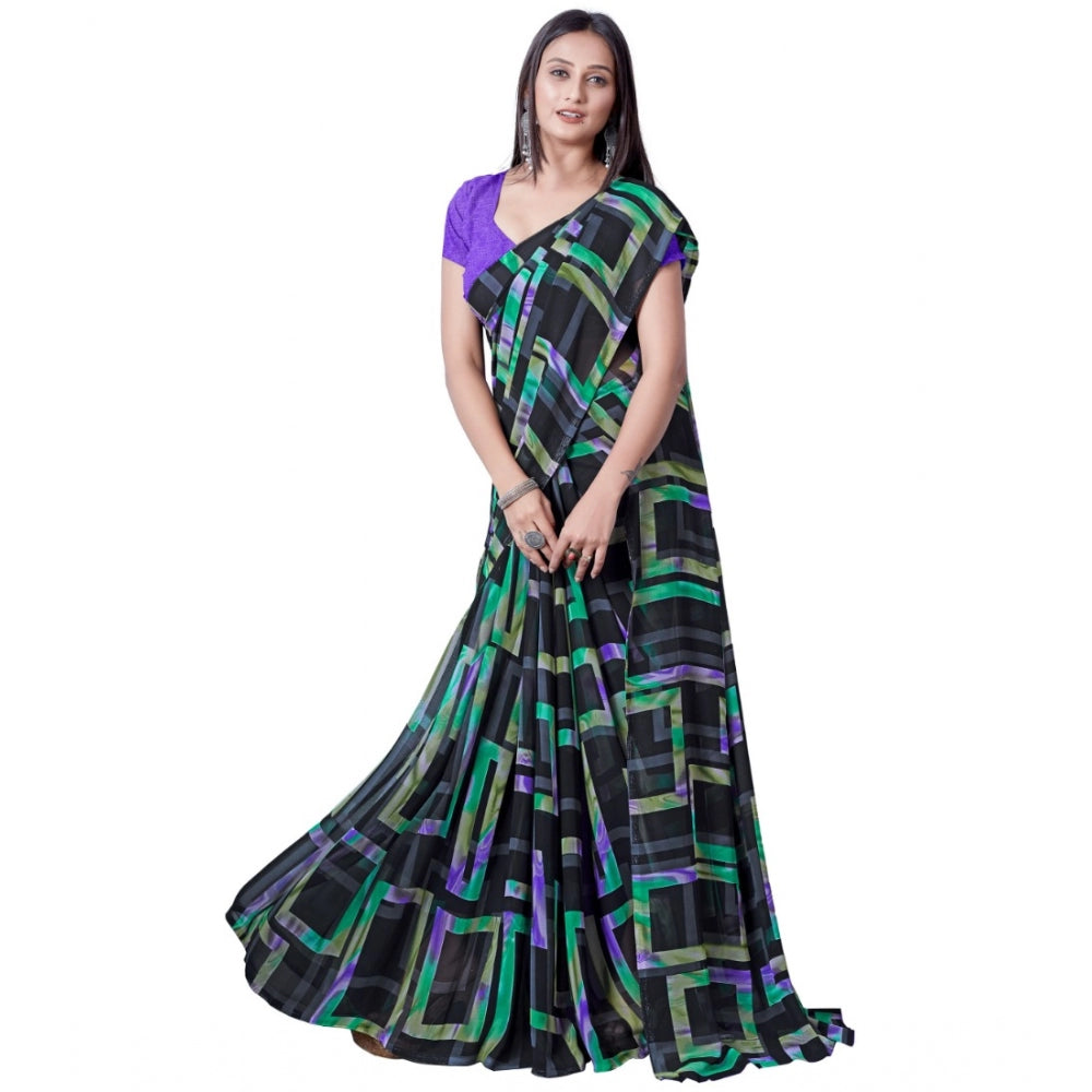 Women's Georgette Printed Saree With Unstitched Blouse (Green) - GillKart