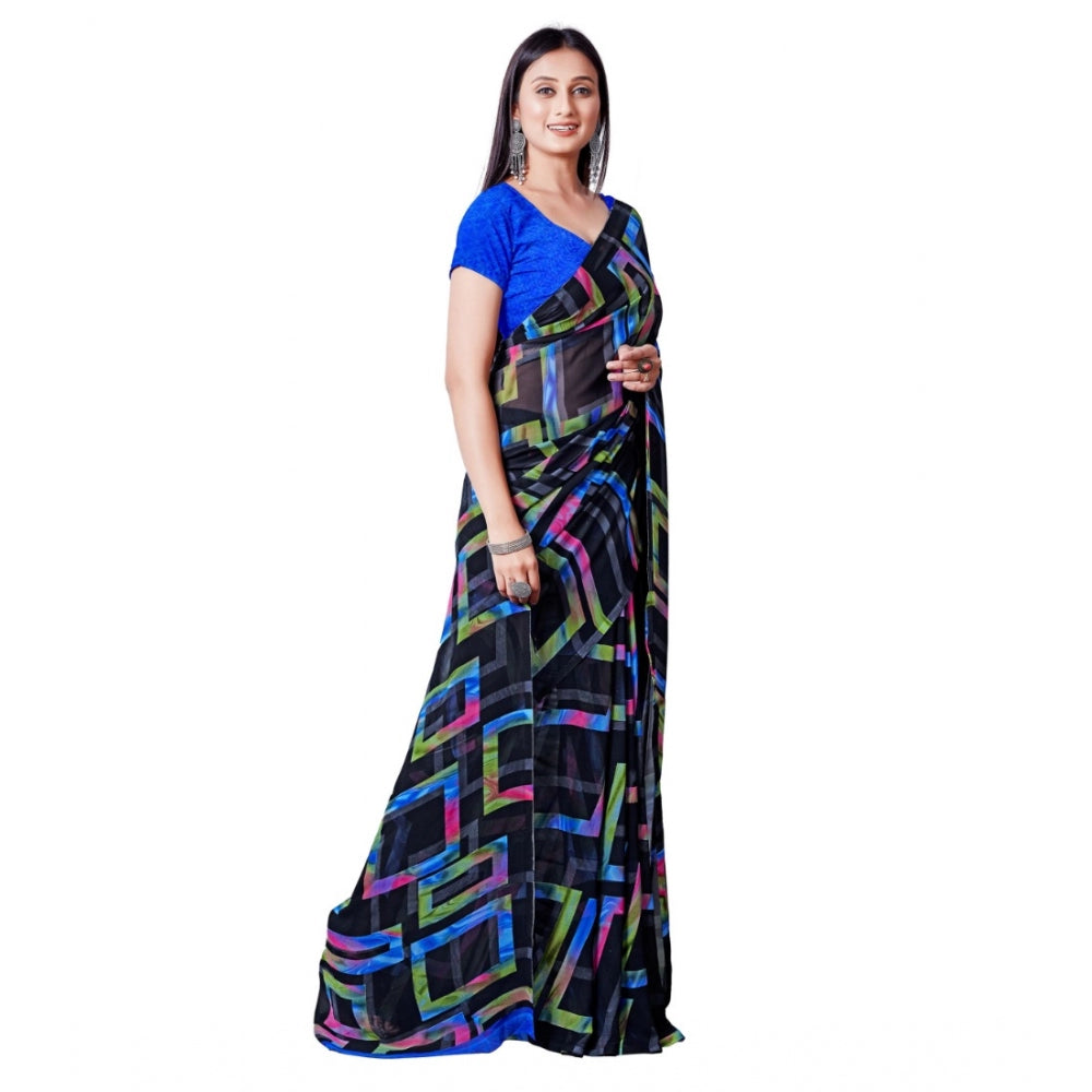 Women's Georgette Printed Saree With Unstitched Blouse (Blue) - GillKart