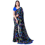 Women's Georgette Printed Saree With Unstitched Blouse (Blue) - GillKart