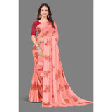 Women's Satin Patta Printed Saree With Unstitched Blouse (Peach) - GillKart