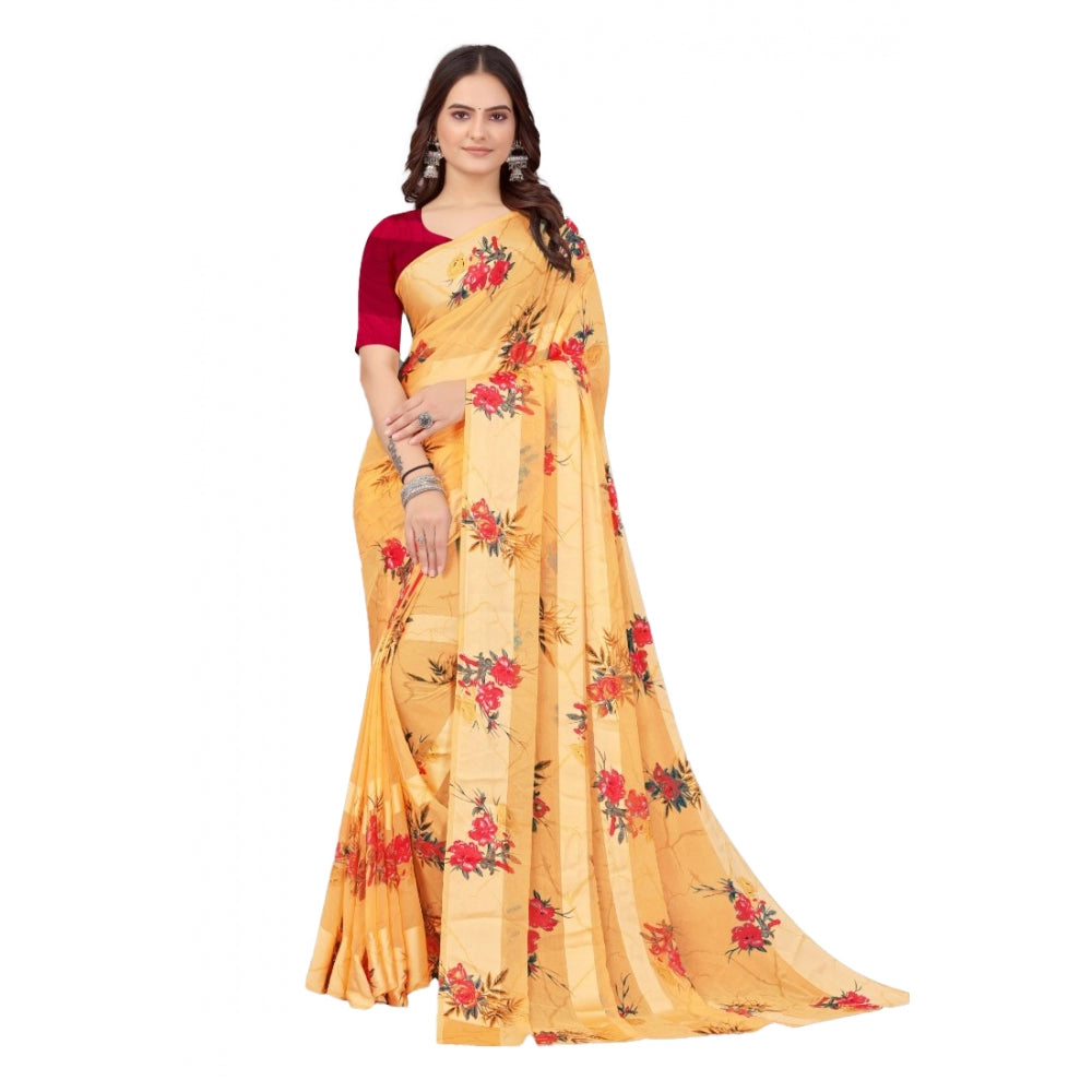 Women's Satin Patta Printed Saree With Unstitched Blouse (Beige) - GillKart