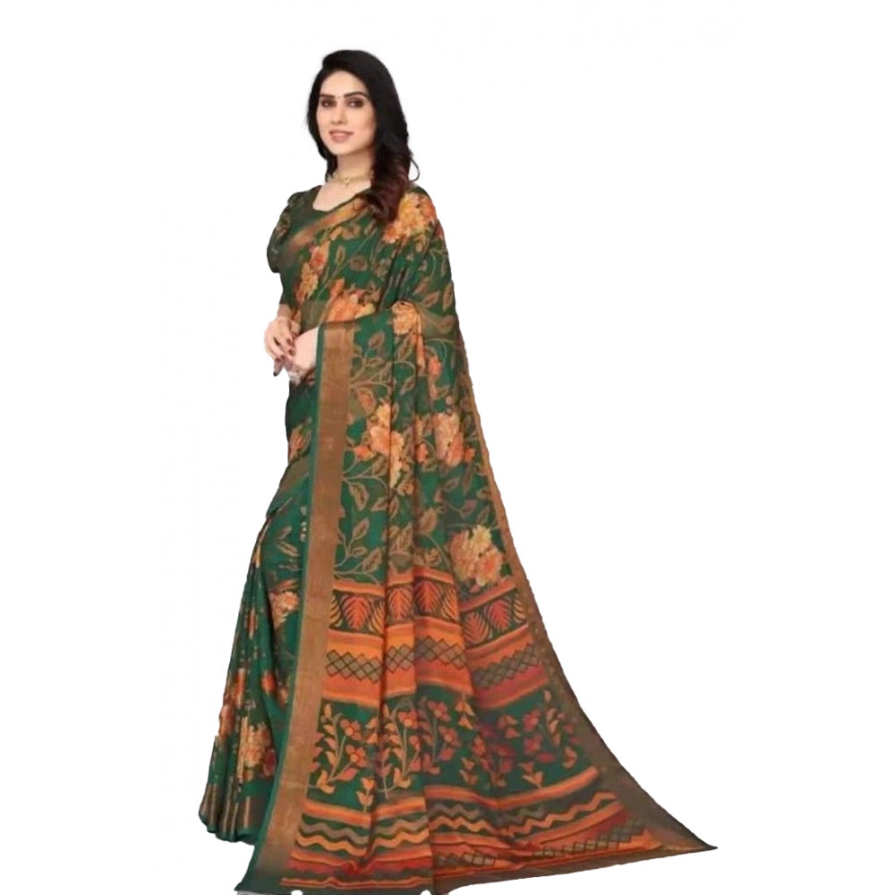 Women's Viscose Rayon Printed Saree With Unstitched Blouse (Green) - GillKart