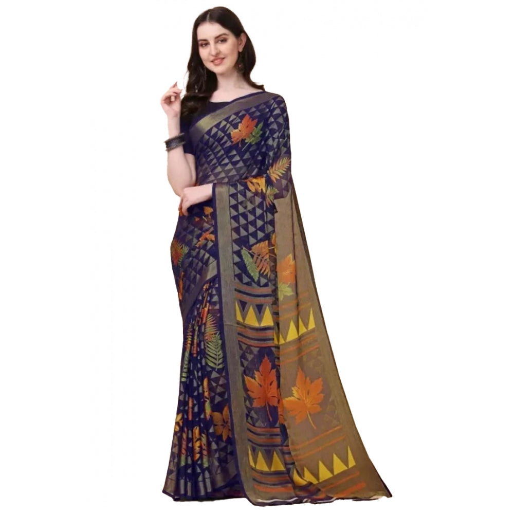 Women's Viscose Rayon Printed Saree With Unstitched Blouse (Navy Blue) - GillKart